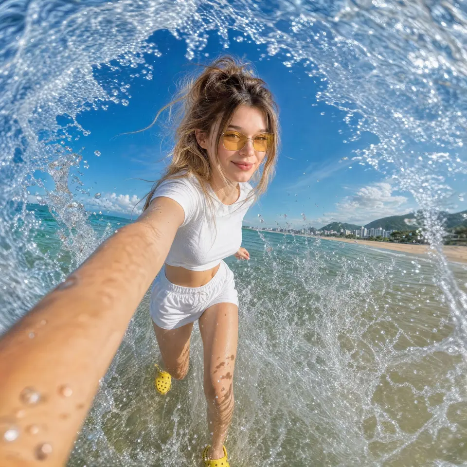 A low-angle, wide-angle dynamic action selfie of a young woman with long wavy blonde hair running through shallow ocean waves on a bright sunny beach. She is wearing a white cropped t-shirt, white shorts, yellow tinted sunglasses, and bright yellow clogs. She is looking directly at the camera, holding it out with one arm stretched toward the foreground to capture the selfie perspective. A high-speed splash of crystal-clear ocean water dramatically frames the entire shot in a circular arc effect, with sharp, detailed water droplets and spray frozen in mid-air. Clear blue sky and a distant coastline with buildings and green hills are visible in the background. Hyper-realistic texture, vivid colors, natural sunlight, cinematic crisp focus, 8k resolution.