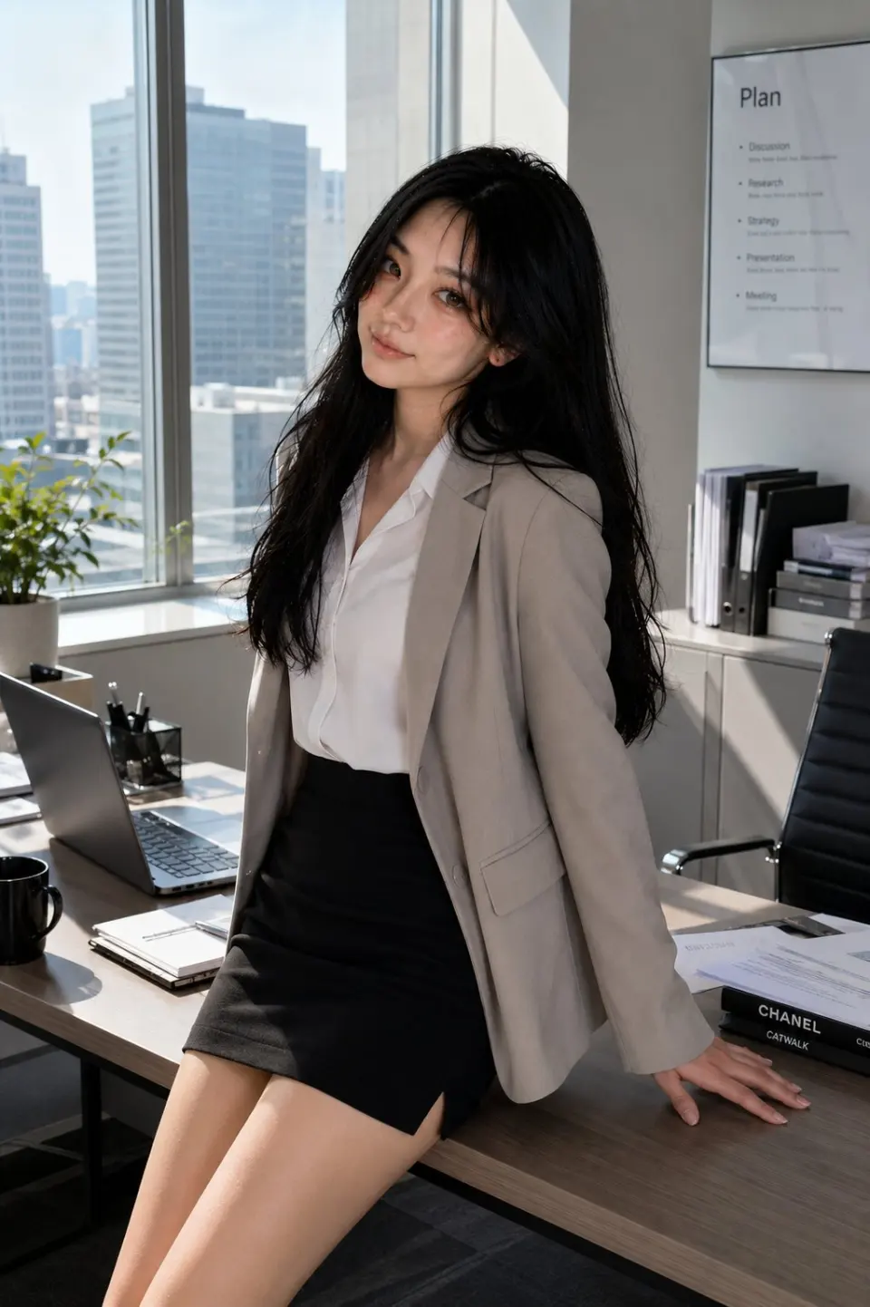 Ultra-realistic portrait of the same beautiful Korean girl from the previous images, maintaining identical facial appearance, silky long black hair, glossy eyes, soft blush makeup, youthful Korean beauty aesthetic, and realistic skin texture consistency.
She is standing beside the large office window inside a modern luxury corporate office during daytime, posing naturally while holding a black coffee mug in one hand and softly looking outside toward the city skyline. Relaxed elegant posture with one hand lightly resting near the window ledge, confident calm expression, modern Korean office fashion aesthetic.
Wearing a fitted beige blazer over a white formal blouse paired with a sleek black mini pencil skirt, stylish professional Korean office outfit. Long silky black hair flowing naturally with soft volume, subtle natural makeup, elegant corporate styling.
Bright natural sunlight streaming through the floor-to-ceiling office windows creates soft cinematic highlights and realistic shadows across the office interior. Modern office setup with sleek desk, laptop, paperwork, bookshelves, office chair, minimal decor, and realistic city buildings visible outside the window.
Luxury Korean drama atmosphere, sophisticated corporate aesthetic, candid office lifestyle vibe, shallow depth of field, cinematic composition, highly detailed, photorealistic office environment, realistic DSLR photography, soft warm glow, editorial fashion photography style, calm productive mood.