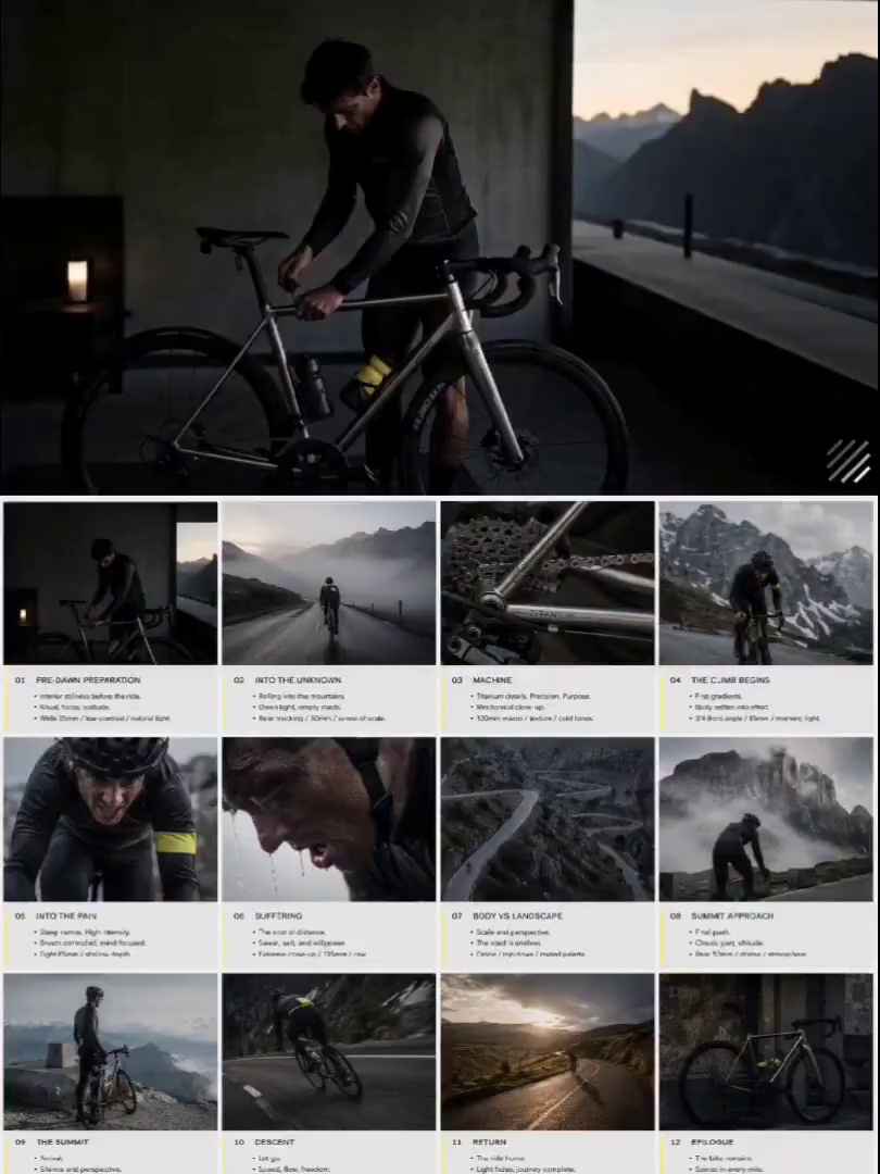 Step 1: Generate storyboard with GPT Image 2

Create a high-end 4:3 luxury cycling pitch deck storyboard in 3x4 grid (12 frames), editorial layout, Rapha/Pas Normal Studios style, slate grey + electric yellow palette. 

Structured flow: dawn → climb → suffering → summit → descent closure. 

Each frame split: top cinematic image (no text) + bottom storyboard notes. European road cycling minimal aesthetic, solitary endurance mood, body against landscape. A titanium road bike is the emotional center throughout.

Step 2: Take each frame into Seedance 2.0. Set to 1080p to preserve text clarity.

Animate the provided 3x4 storyboard into a smooth cinematic video. Preserve exact shot order and continuity. Use slow wheel spoke blur, road surface skim, mountain mist drift, and handlebar grip close-up. Lighting transitions from cold blue pre-dawn to bright alpine summit light. Cycling editorial aesthetic, quiet suffering, earned freedom mood. No new shots, no reordering, titanium road bike remains emotional focus in all scenes.