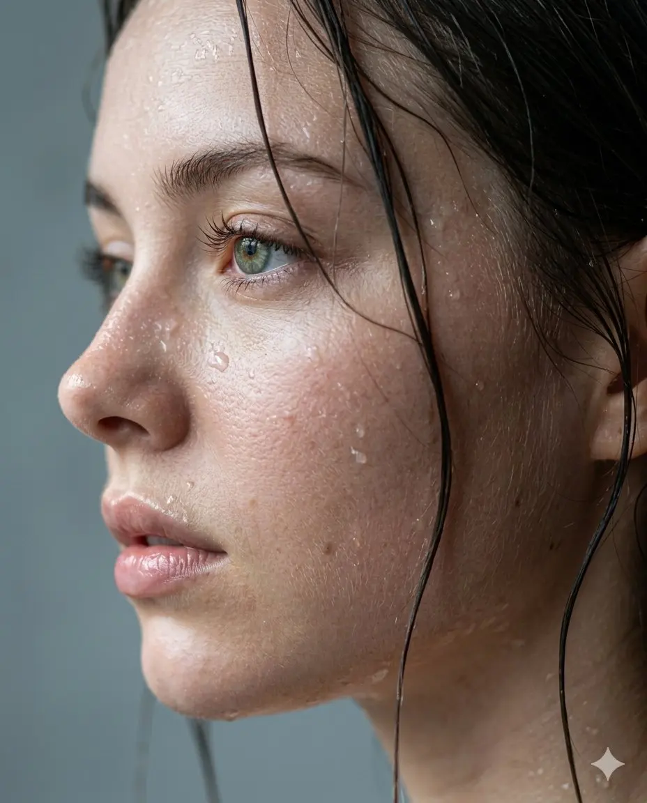 Ultra-realistic cinematic wet close-up portrait of a beautiful young woman in side profile, captured like a luxury skincare campaign mixed with an A24 film still. Natural wet dark hair strands sticking organically to glowing skin, ultra-detailed water droplets and micro moisture beads across forehead, cheeks, eyelashes, and lips. Hyper-realistic skin texture with visible pores, soft peach fuzz, subtle redness, natural imperfections, and realistic damp shine — no plastic AI skin. Sharp focus on mesmerizing green-hazel eyes with deep cinematic reflections and emotional intensity. Slightly parted glossy lips with natural hydration texture. Cold rainy atmosphere with diffused soft window lighting, muted grey-blue tones, elegant white/grey creamy bokeh background, shallow depth of field, 85mm cinematic lens, editorial beauty photography, luxury skincare advertisement aesthetic, raw authentic realism, emotionally captivating composition, subtle melancholy mood, modern viral Instagram editorial energy, insanely photorealistic, masterpiece quality, natural color grading, premium Vogue beauty campaign feel.
Negative prompt: overprocessed skin, AI smoothness, extra shine, cartoon look, unrealistic eyes, plastic texture, bad anatomy, distorted facial features, oversaturated colors, fake droplets, low detail, uncanny expression.
Aspect ratio 4:5
