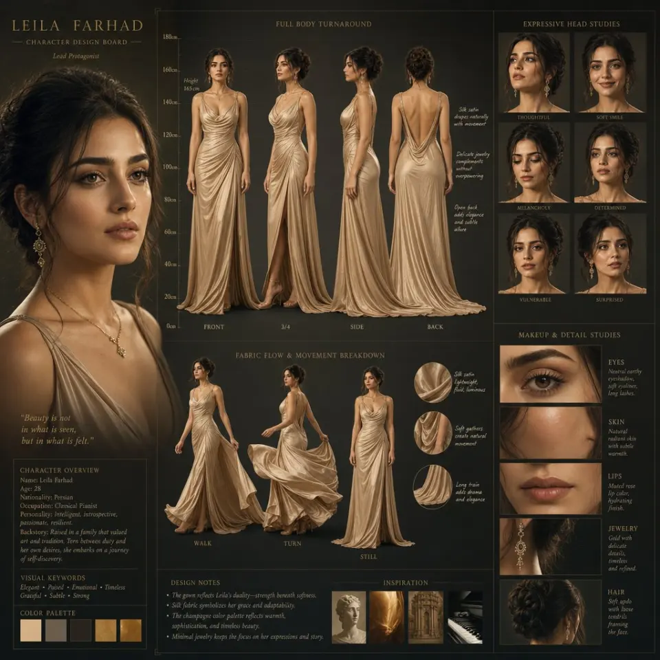 Create a cinematic character design board for a high-budget drama film.
A beautiful female lead with soft expressive eyes, flawless but natural skin texture, elegant silk gown, subtle jewelry.
Include full-body turnaround, expressive head studies, cinematic portrait, fabric flow breakdown, makeup detail studies, annotation notes, height scale.
Mood: soft studio lighting, golden Hollywood glamour aesthetic.