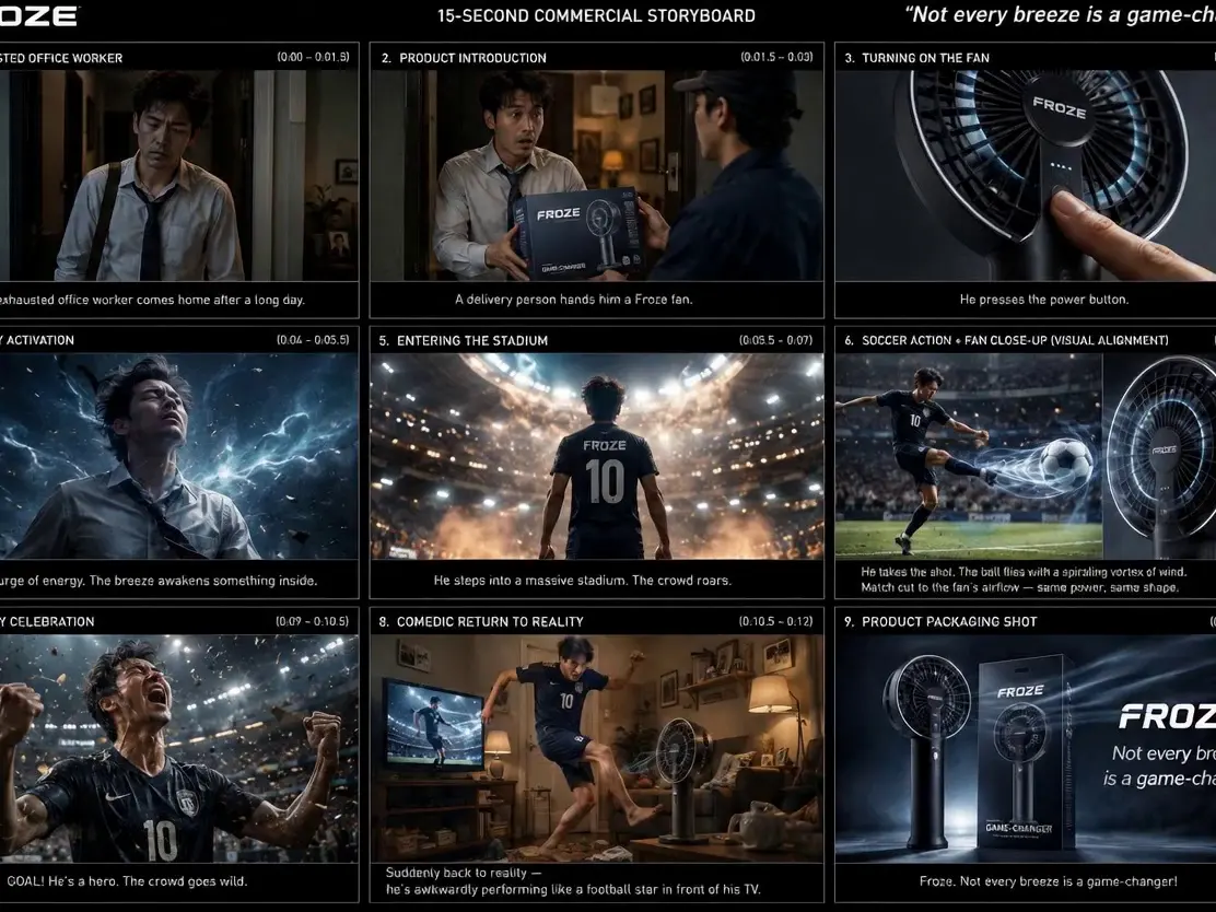 Use the storyboard images for shot reference only. Create a continuous live-action commercial film, not a storyboard sequence.
Start inside a fast-food restaurant, where a tired young employee is at the counter, then returns home. A delivery person knocks on the door and hands him a black fan called “Froze.”
Show a cinematic close-up of the handheld fan, featuring condensation droplets and a tech-sleek surface sheen.

After he switches it on, his energy is instantly activated in an exaggerated Thai-commercial style. His home transforms into a massive World Cup stadium, complete with dramatic floodlights and a roaring crowd.
Show dynamic soccer shots:
– Low-angle, grass-level close-up movement
– He takes a shot, and the ball rockets toward the net with a spiraling vortex of air. The fan’s airflow mirrors this same powerful streak (visual alignment).
– Stadium celebration after the goal

Then, suddenly cut back to reality:
The employee awkwardly holds a follow-through pose on his home sofa, with the fan blowing in his hand.

End with a high-end product showcase of the black Froze handheld fan under stadium lighting.

Style: Fast-paced, cinematic sports ad with realistic lighting, energetic camera movement, high-end Nike/Adidas-style soccer visuals, blended with Thai-style comedic contrast.